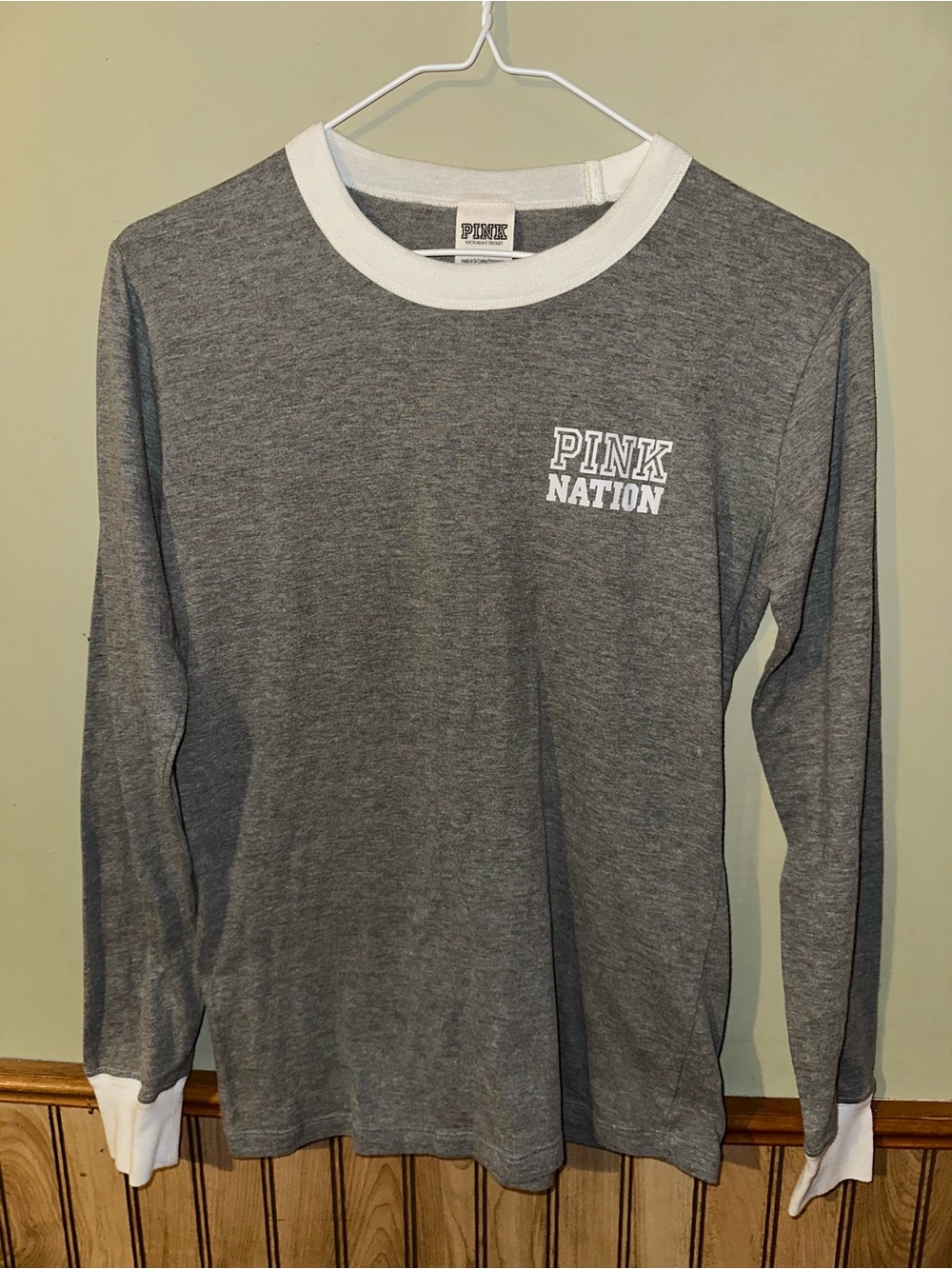 PINK Victoria's Secret Gray Long-Sleeve Ringer Tee with White Trim